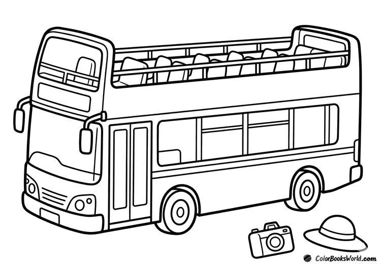 Cartoon open-top double-decker sightseeing bus with a camera and a hat beside it.