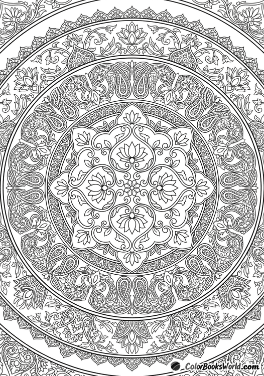 Intricate oriental mandala with paisley teardrops, arabesque vines, and lotus flowers in a radial pattern.