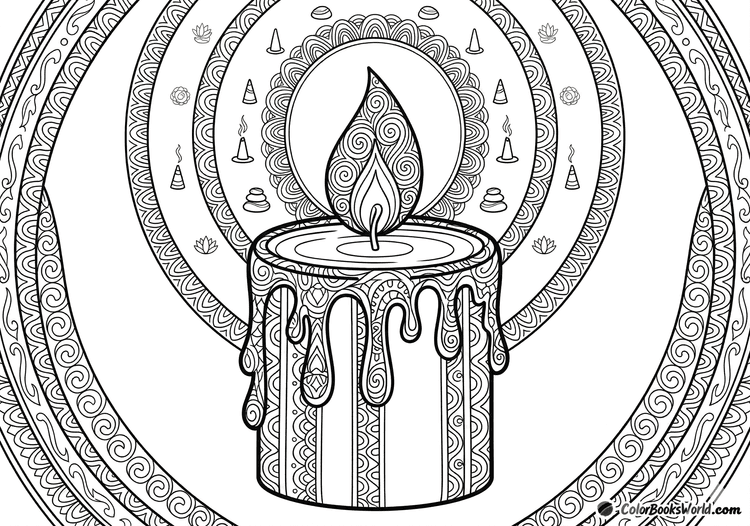 A detailed line art of a candle with spiral flame patterns and dripping wax against a decorative halo background.