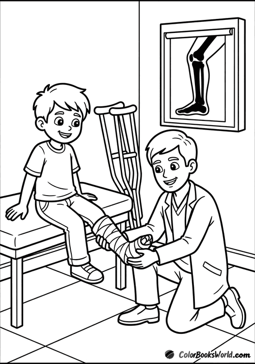 A friendly orthopedic doctor applying a cast to a smiling boy's leg in a clinic with crutches and an X-ray.