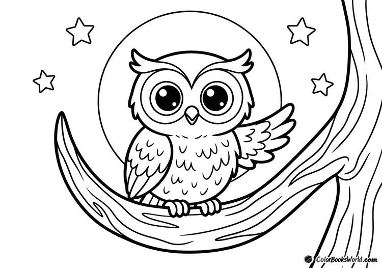 A big-eyed owl perched on a branch with a large full moon and three stars behind it.