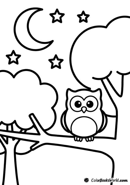 A stylized owl perched on a branch beneath a crescent moon and large stars above treetops.