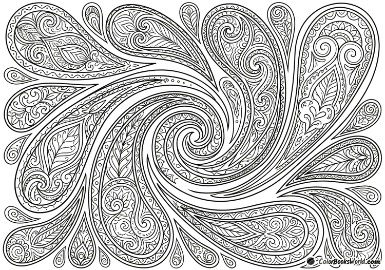 Flowing paisley teardrops and botanical patterns spiral into a central vortex in this detailed line art illustration.