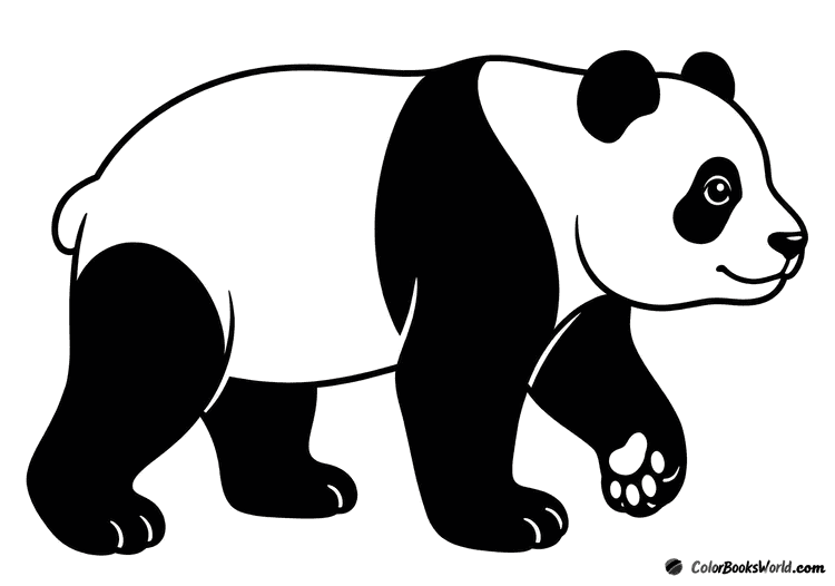 Side view of a panda standing on all four legs with dark patches on its eyes and shoulders.