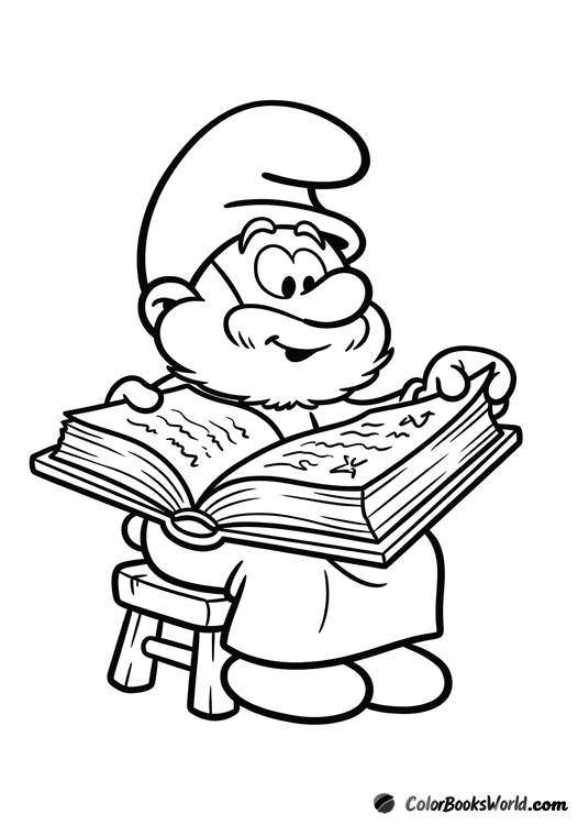 Papa Smurf sits on a wooden stool, reading a large open book.