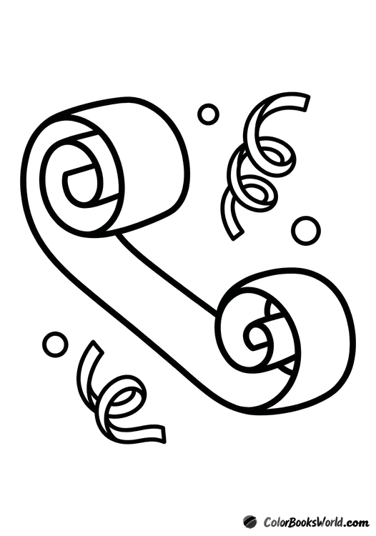 An unfurled party blower with confetti dots and a curled streamer beside it.