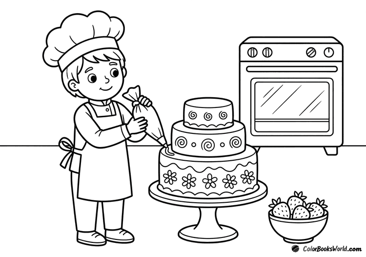 A young pastry chef in a hat decorates a three-tiered cake with a piping bag next to strawberries and an oven.