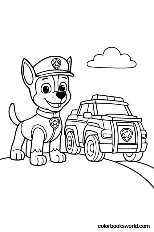 Chase the police pup smiles beside his patrol car on a hill under one cloud.