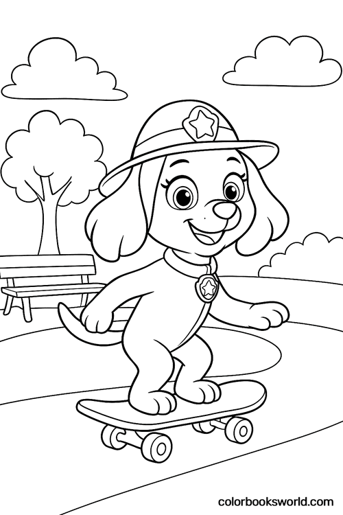 A PAW Patrol pup rides a skateboard along a park path near a bench and bushes.