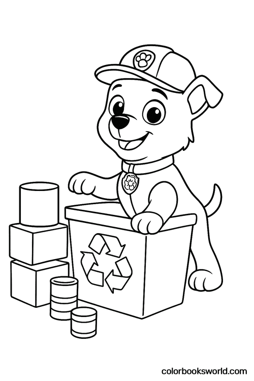 Rocky sorts cans and boxes beside a recycling bin marked with the recycling symbol.