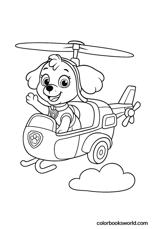 Skye pilots a small helicopter and waves while flying above rolling hills with a cloud nearby.