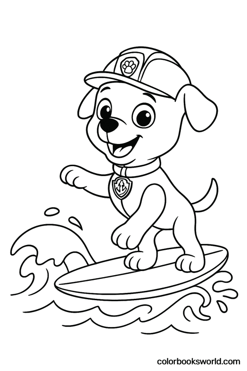 Zuma stands on a surfboard, riding a wave and waving as he surfs.