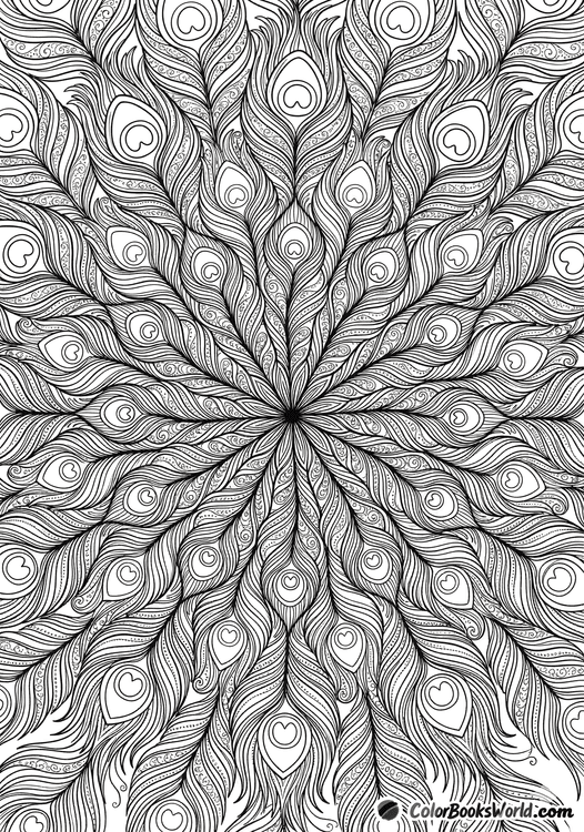 Detailed line art of peacock feathers arranged in a radial mandala pattern with intricate barbs and eye motifs.