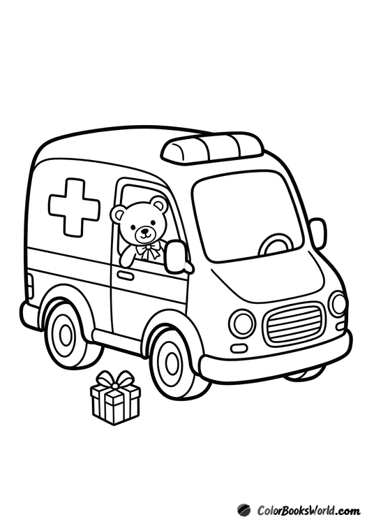 Cute cartoon pediatric ambulance with a teddy bear in the window and a small gift box by the front wheel.