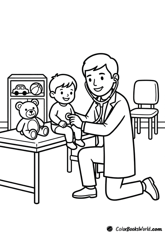 A friendly pediatrician kneeling to check a smiling toddler's heart with a stethoscope on an exam table.