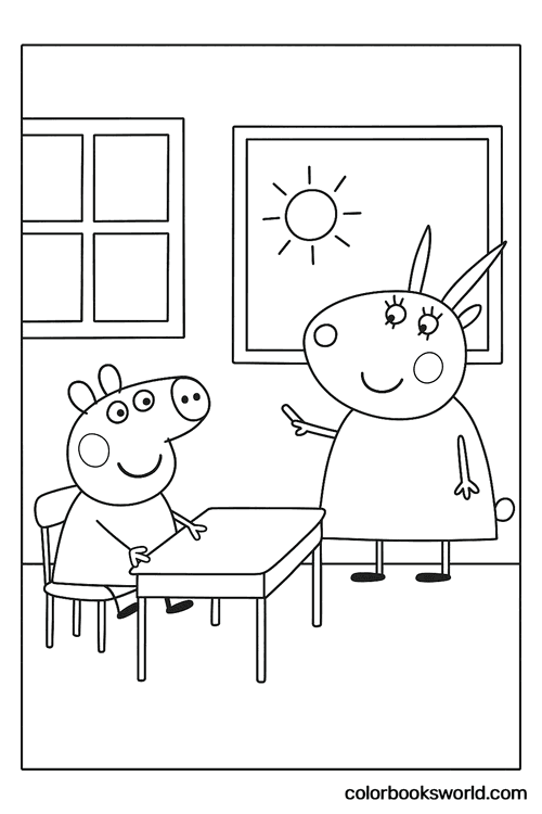 Peppa sits at a school desk as the teacher points to the board, with sunlight through the window.