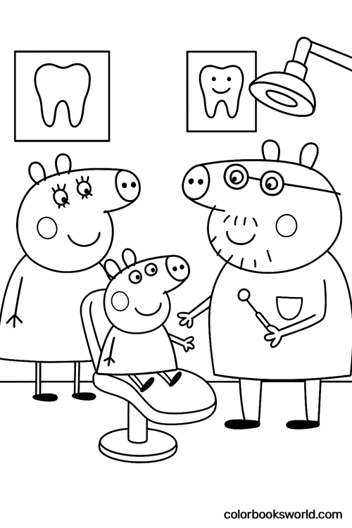 Peppa sits in the dentist chair while Mummy Pig watches and Daddy Pig checks her tooth with a mirror.