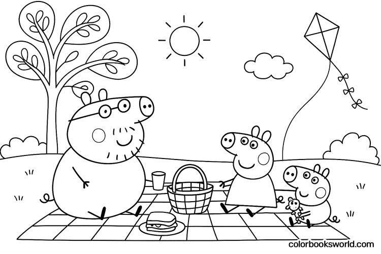 Peppa, Daddy Pig and George sit on a picnic blanket with a basket as a kite flies in the sunny sky.