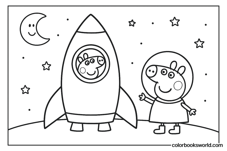 Peppa Pig and George in space helmets stand beside a rocket on a starry, moon-like surface.