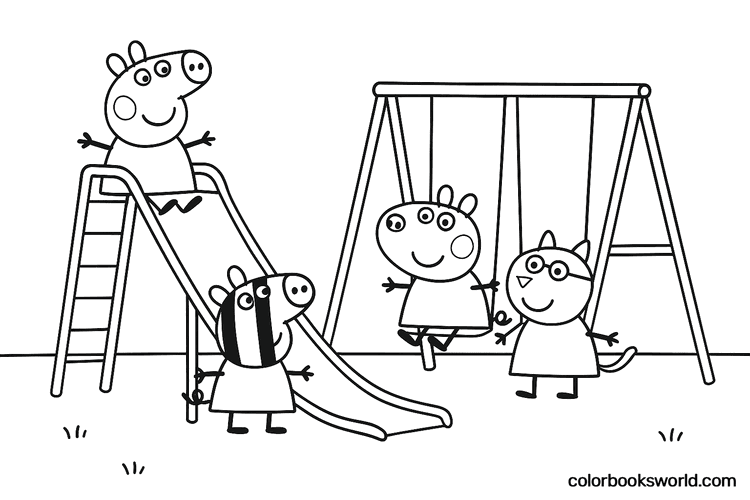 Peppa Pig and friends play at a sunny playground with a slide, swings, and a sandbox.