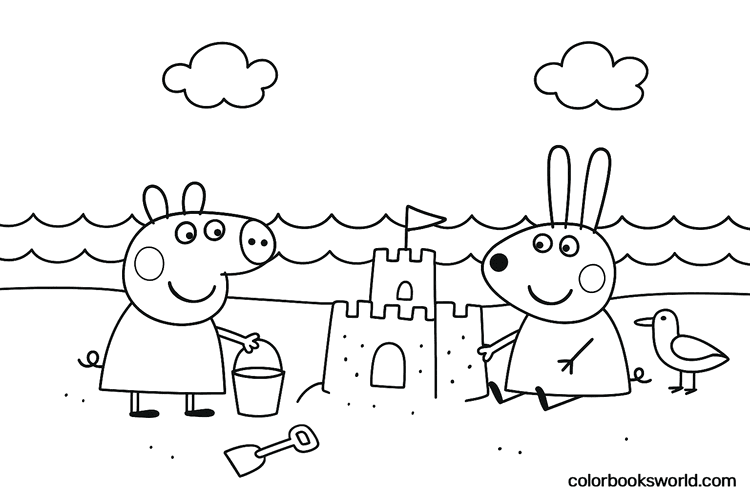 Peppa Pig and Rebecca Rabbit build a sandcastle by the sea with a bucket, spade, and a seagull nearby.