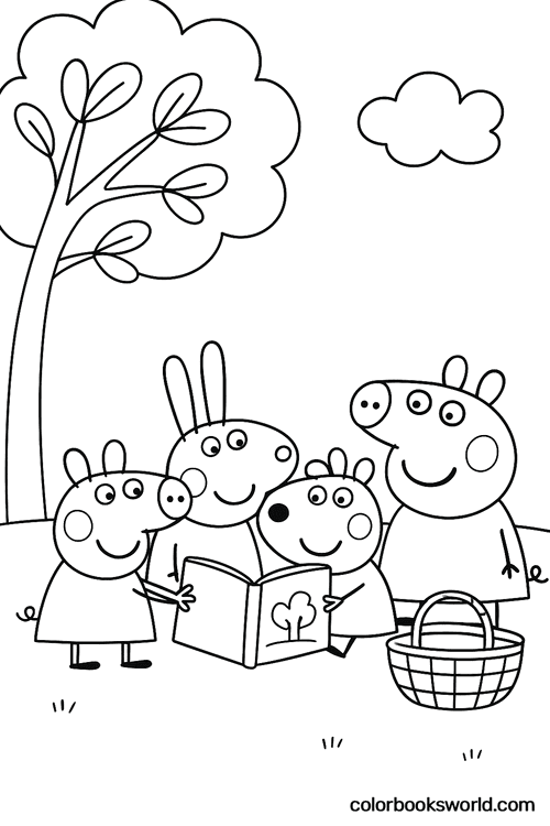 Peppa Pig, Rebecca Rabbit and Suzy Sheep read a book under a tree, with Mummy Pig and a picnic basket nearby.