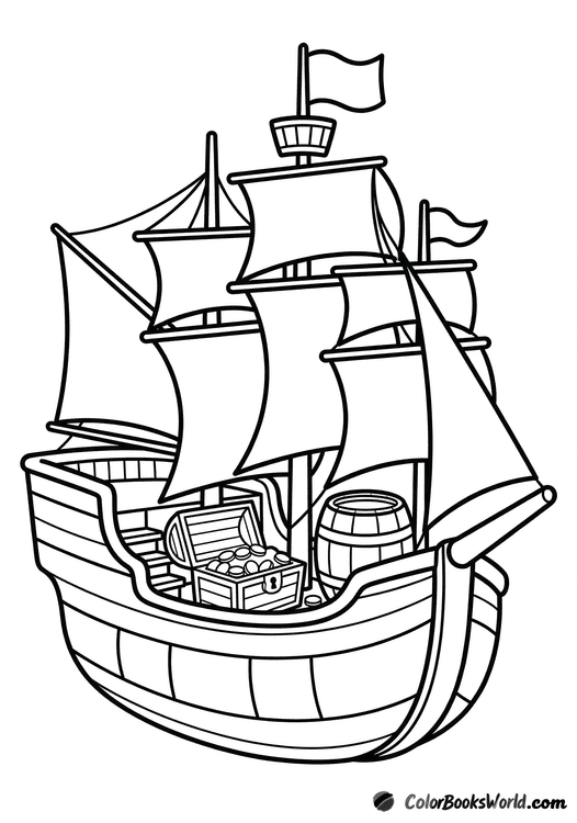 Cartoon pirate galleon with an open treasure chest and a wooden barrel on the deck.