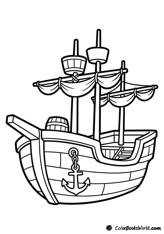 Front view of a cartoon pirate ship with a lowered anchor and a barrel on the deck.