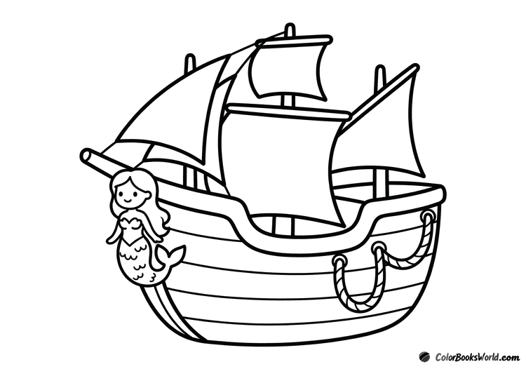 Cartoon pirate ship with a mermaid figurehead on the prow and a decorative rope loop.