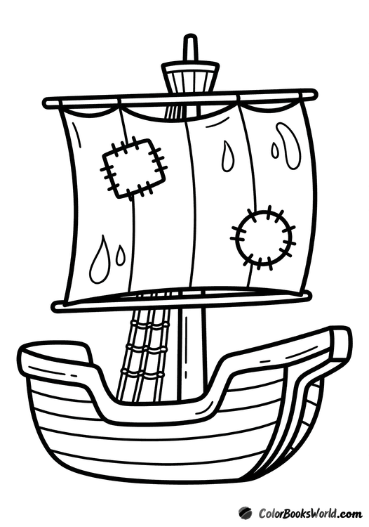 Cartoon pirate ship with a patched sail and a rope ladder hanging from the mast.