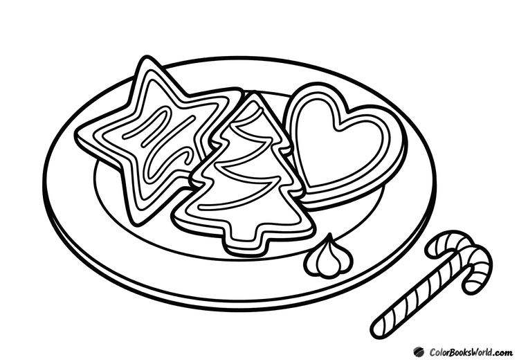 A plate with star, tree, and heart Christmas cookies beside a candy cane and icing.