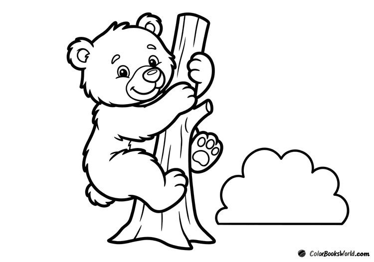 A cute cartoon bear cub climbs a short tree trunk in a simple forest scene.