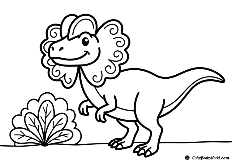 A friendly cartoon dilophosaurus with a frill and twin head crests stands beside a small shrub.