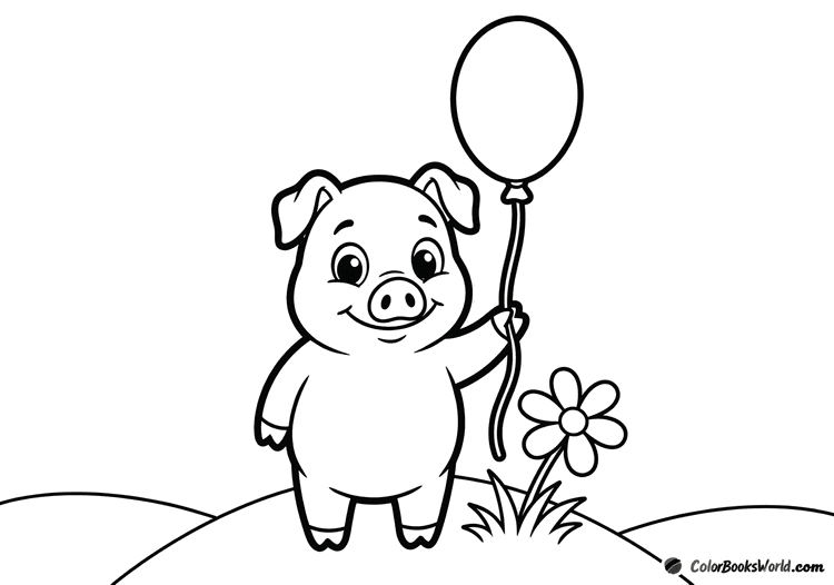 A smiling piglet stands on a grassy hill holding a round balloon beside a daisy.