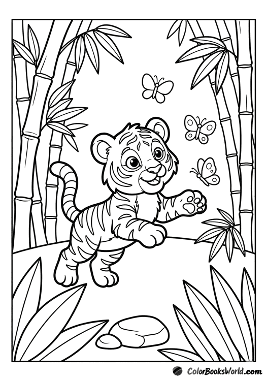 A playful tiger cub chasing butterflies in a bamboo forest beside a smooth stone.
