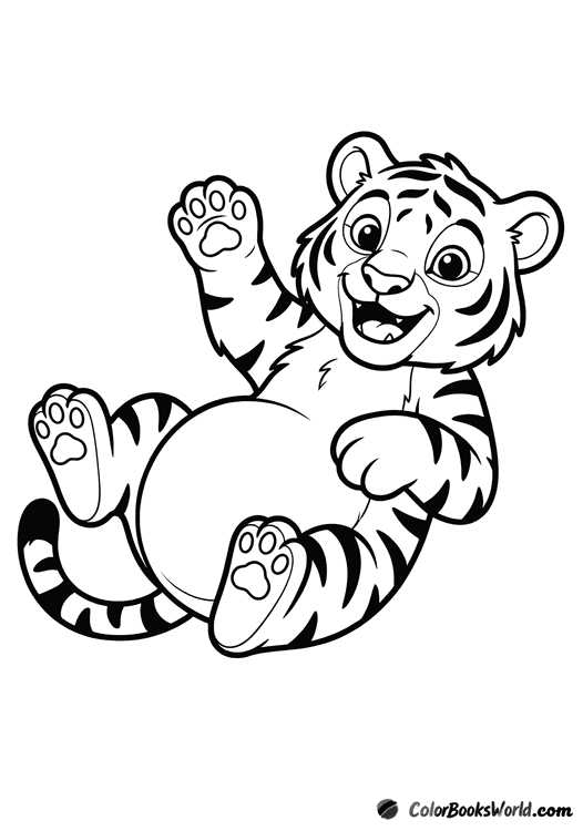 A smiling tiger cub rolls on its side with one paw raised and a round belly.