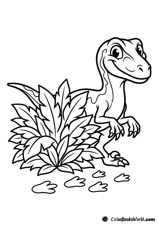 A cute cartoon velociraptor peeks from behind a bush, with small footprints on the ground.