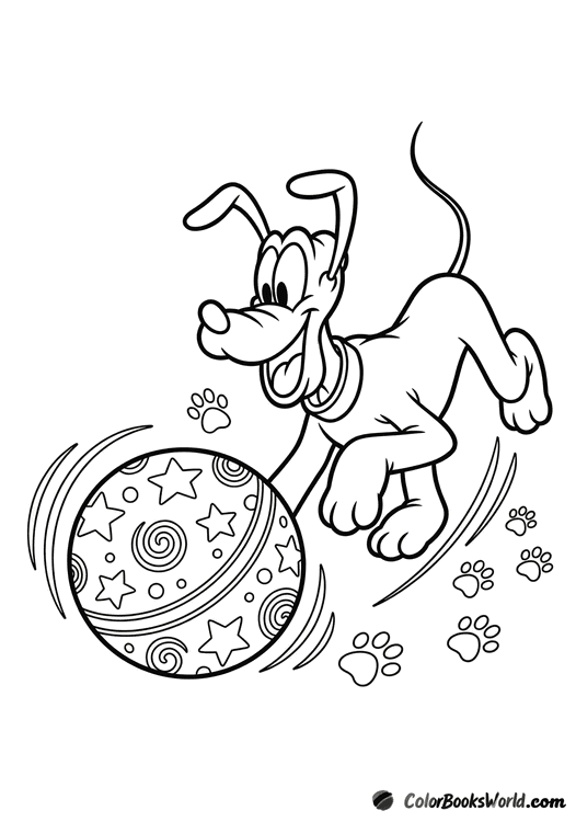 Pluto the dog happily chases a large patterned ball with paw prints around it.