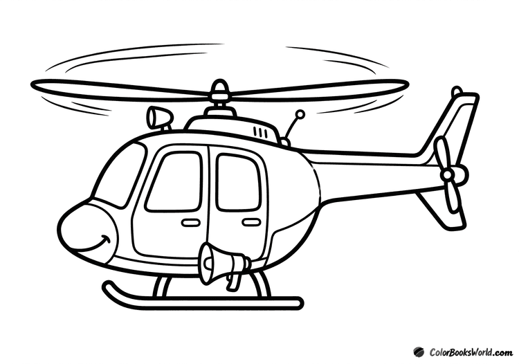 Cartoon police helicopter flying with an external megaphone speaker and a tall antenna.