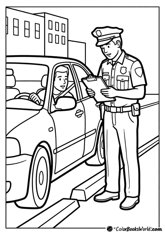 A police officer stands by a car, checking documents on a clipboard during a traffic stop.