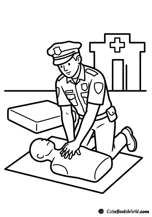 A police officer kneels on a mat and demonstrates CPR on a training manikin, with a first-aid station silhouette behind.