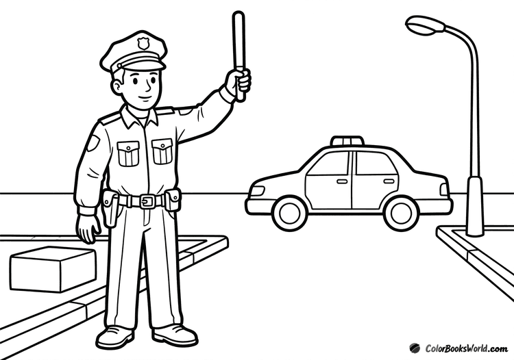 A uniformed police officer holds a traffic baton at an intersection near a patrol car.