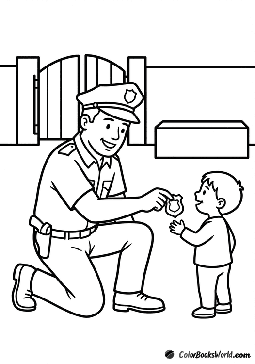 A friendly police officer kneels to talk with a small child by a school gate and bench.