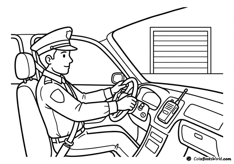 A police officer sits at the wheel of a patrol car, holding a radio handset on the dashboard.