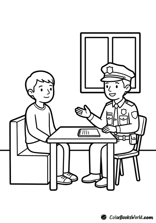A police officer sits at a table, calmly interviewing a witness with a notepad nearby.
