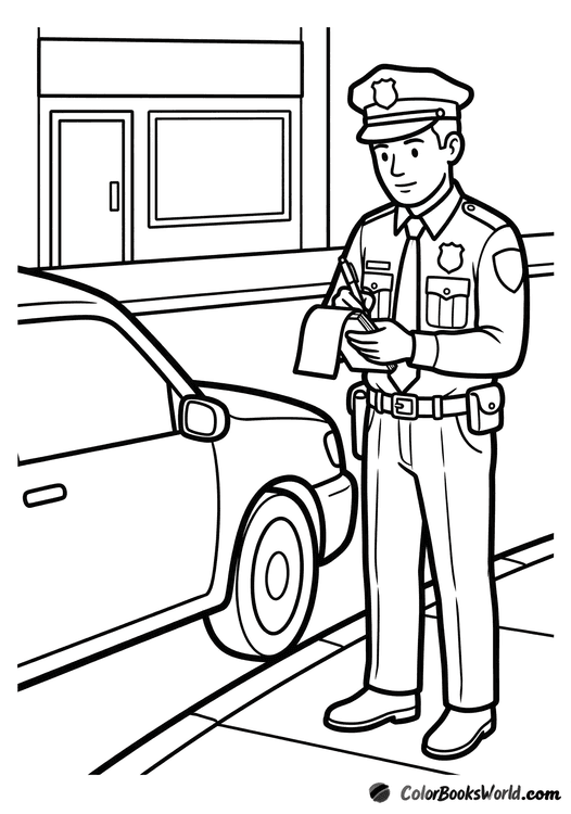 A uniformed police officer writes a parking ticket beside a car on a city street.