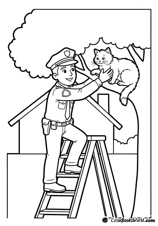 A police officer on a ladder reaches for a cat stuck in a tree beside a house roof.