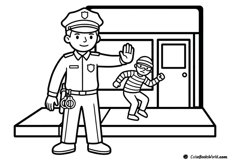 A police officer calmly stops a fleeing thief near a store entrance, with handcuffs on the sidewalk.