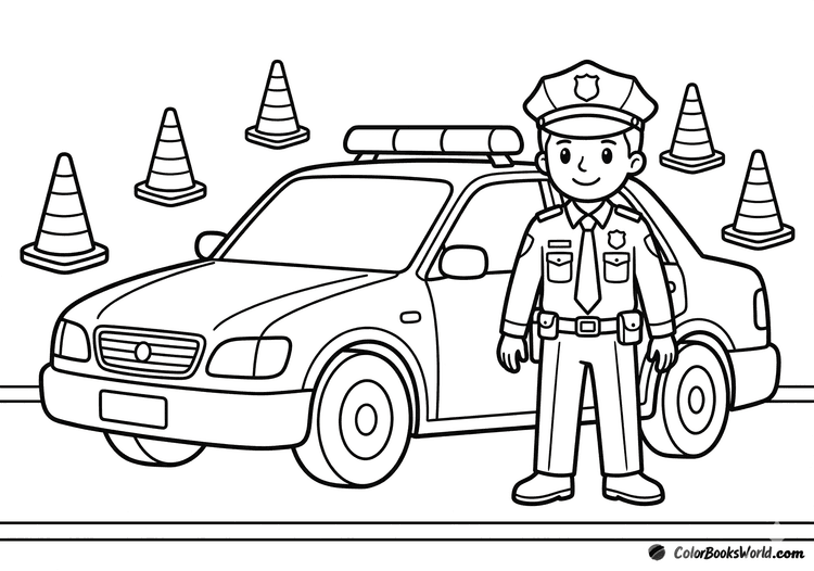 A police officer stands beside a patrol car on a training track with traffic cones.