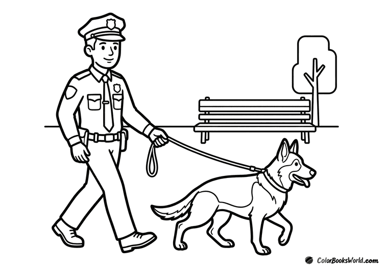 A police officer walks a German Shepherd K9 on a leash in a park near a bench and tree.